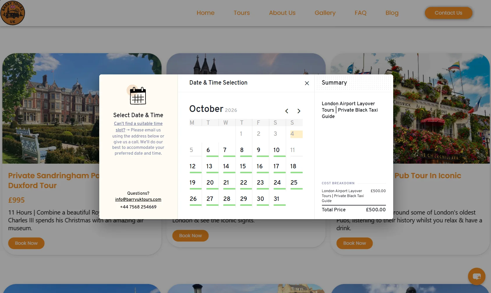 Barry Tours booking date and time selection